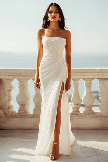 Chiffon Ivory Ruched Strapless Long Boho Formal Dress with Slit